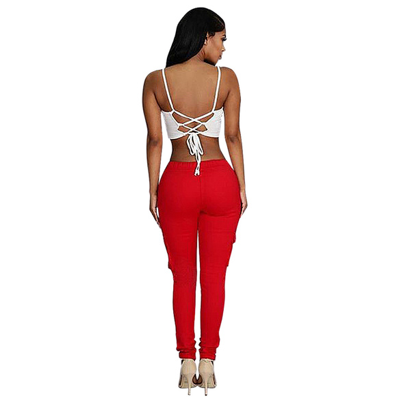 Ankle Length Red Womens Skinny Cargo Pants - Picture 2 of 4